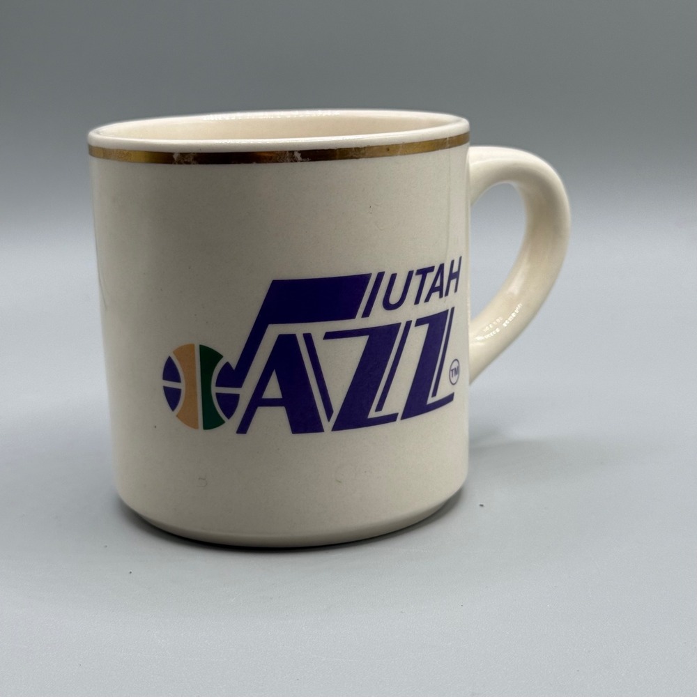 NBA Utah Jazz Vintage Coffee Mug Ceramic Gold Trim Cream Purple Basketball